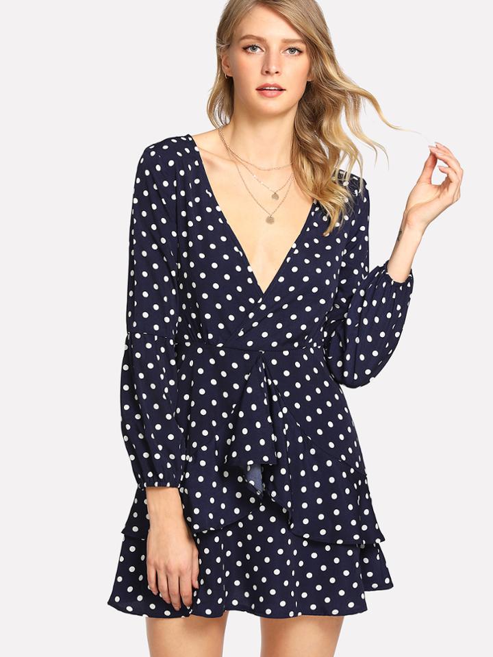 Shein Bishop Sleeve Tiered Ruffle Hem Dress