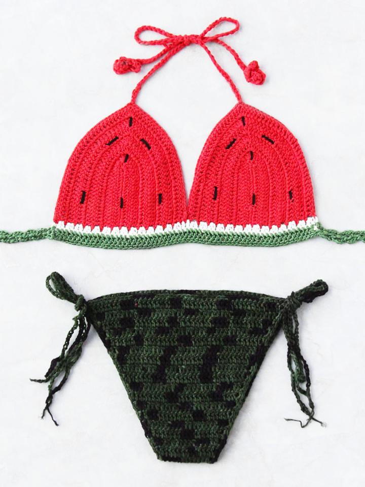 Shein Watermelon Pattern Side Tie Crochet Triangle Bikini Set