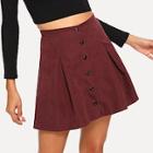 Shein Button Front Pleated Suede Skirt
