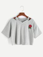 Shein V-neck Rose Patch Cut Out Tee