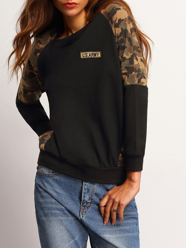 Shein Black Raglan Sleeve Camo Print Sweatshirt