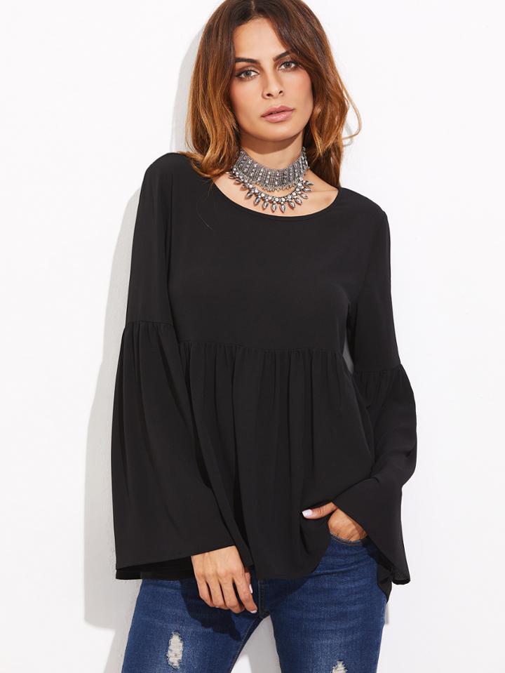 Shein Black Bell Sleeve Cutout Back Babydoll Blouse