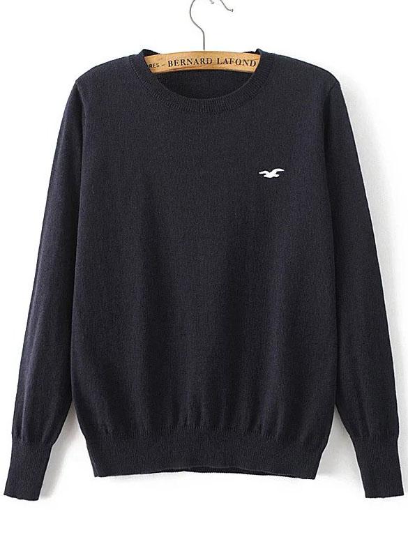Shein Navy Seagull Embroidered Ribbed Trim Sweater