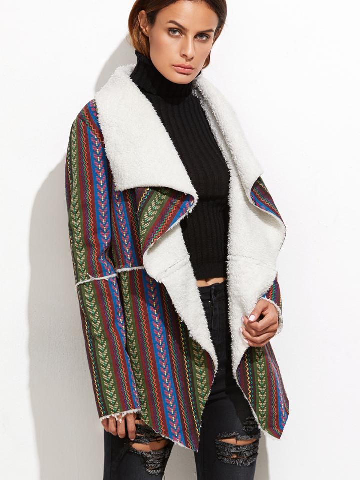 Shein Multicolor Striped Waterfall Embroidered Faux Shearling Jacket