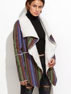 Shein Multicolor Striped Waterfall Embroidered Faux Shearling Jacket