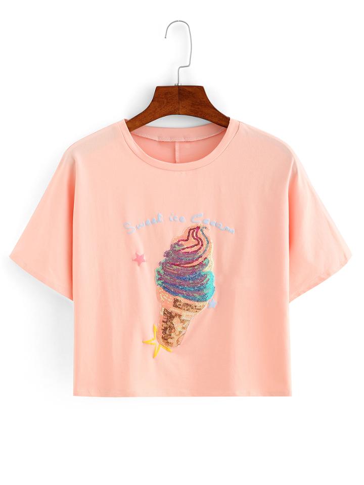 Shein Sequin Ice Cream Crop T-shirt