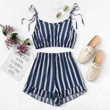 Shein Striped Print Cami Crop Top And Rolled Hem Shorts Set