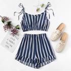 Shein Striped Print Cami Crop Top And Rolled Hem Shorts Set