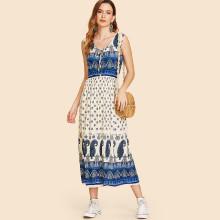 Shein Tie Neck Geo Print Sleeveless Dress