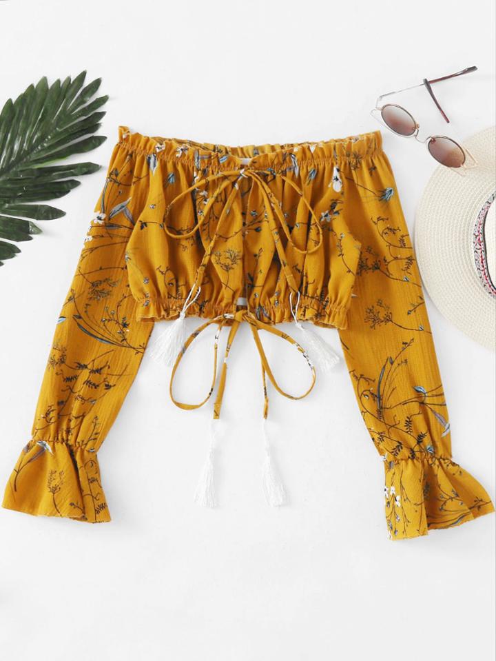 Shein Off Shoulder Drawstring Split Front Crop Blouse