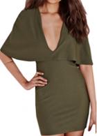 Rosewe V Neck Army Green Mini Cloak Dress