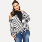 Shein Plus Cold Shoulder Mixed Media Knot Plaid Top