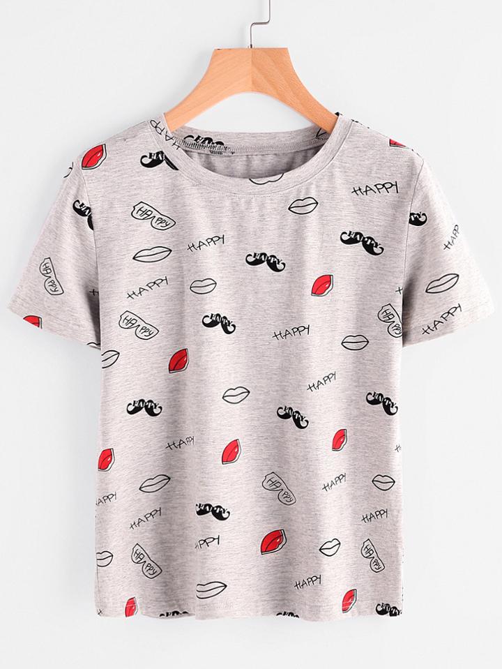 Shein Marled Knit Allover Print Tee