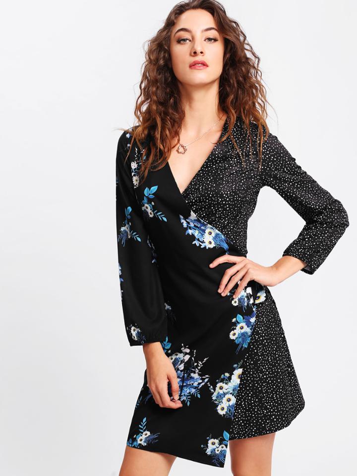 Shein Mixed Print Surplice Wrap Dress