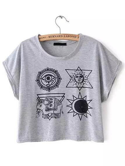 Shein Grey Tribal Print Crop T-shirt