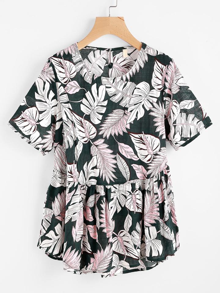 Shein Leaves Print Keyhole Back Dip Hem Smock Blouse
