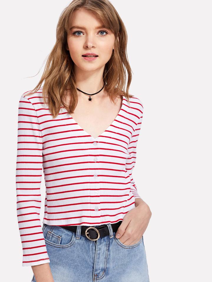 Shein Button Front Striped Crop Ribbed Tee