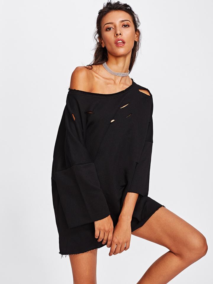 Shein Ripped Detail Drop Shoulder Raw Trim Pullover