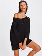 Shein Ripped Detail Drop Shoulder Raw Trim Pullover