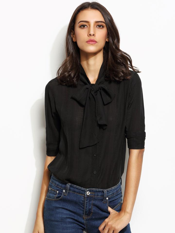 Shein Black Bow Tie Neck Mesh Shirt