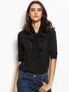 Shein Black Bow Tie Neck Mesh Shirt