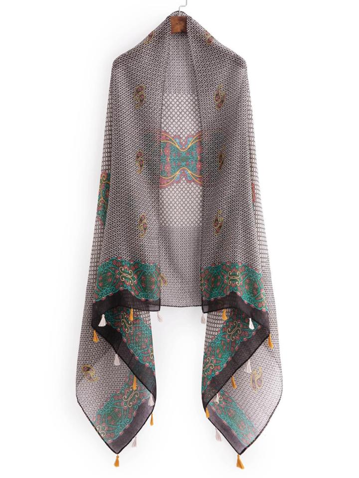 Shein Retro Print Tassel Detail Scarf