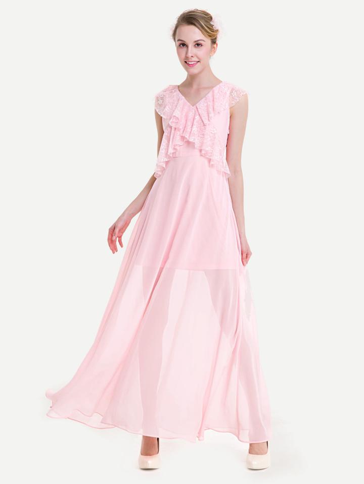 Shein V-neckline Frill Trim Chiffon Dress