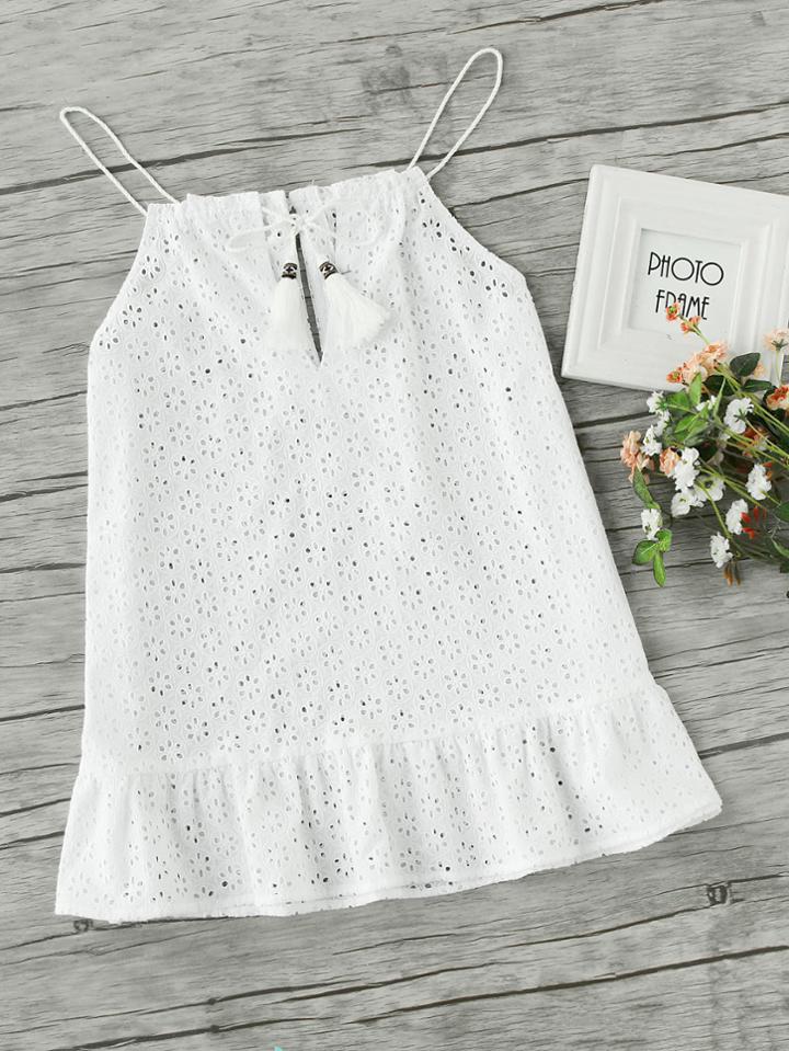 Shein Eyelet Embroidery Flounce Hem Tasseled Drawstring Halter Top