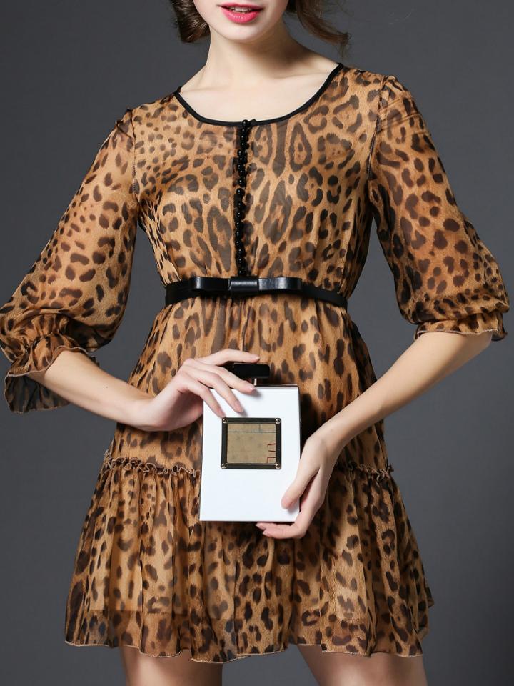 Shein Leopard Crew Neck Drop Waist Ruffle Belted Dress