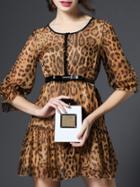 Shein Leopard Crew Neck Drop Waist Ruffle Belted Dress