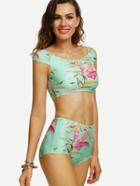 Shein Green Flower Print Crop Rash Guard Swimwear