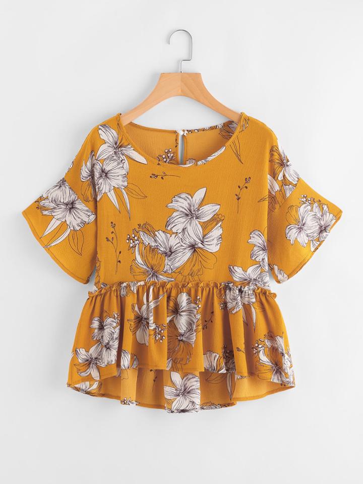 Shein Keyhole Back Frill Hem Florals Blouse