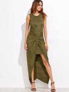 Shein Olive Green Faux Suede Twist Front Asymmetric Dress