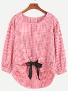 Shein Gingham Plaid Bow Tie High Low Blouse