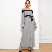 Shein Gingham Flounce Sleeve Belted Longline Dress