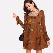 Shein Ruffle Trim Botanical Print Dress