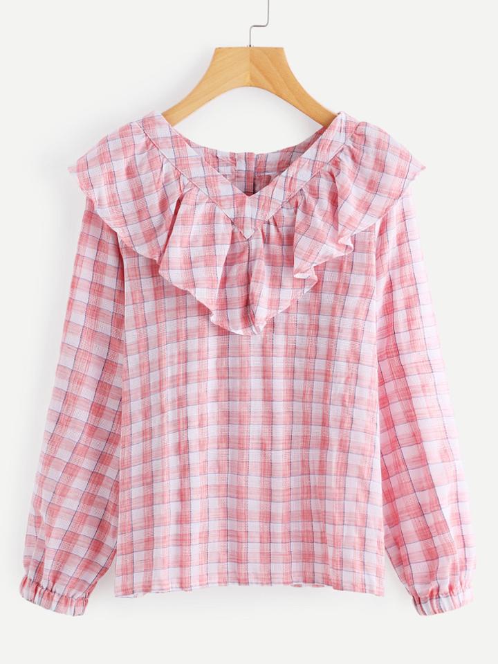Shein V-neckline Flounce Layered Tartan Blouse