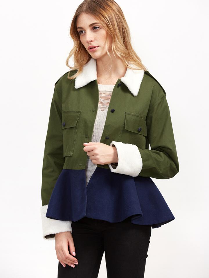 Shein Color Block Pocket Front Peplum Jacket