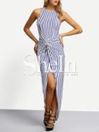 Shein Blue White Twist Front Vertical Striped Asymmectric Dress