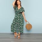 Shein Plus Wrap Front Calico Jumpsuit With Belt
