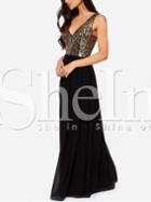 Shein Black V Neck Evening Sleeveless Sequined Glitzy Maxi Dress