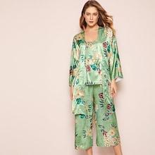 Shein Botanical Print Satin Cami Pajama Set With Robe