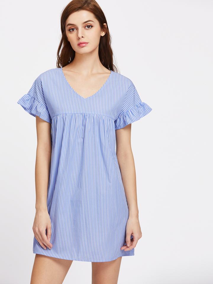 Shein V Neck Ruffle Sleeve Striped Smock Dress
