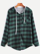 Shein Green Check Plaid Pocket Blouse With Contrast Lining Hood
