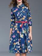Shein Blue Lapel Floral Belted Denim Dress