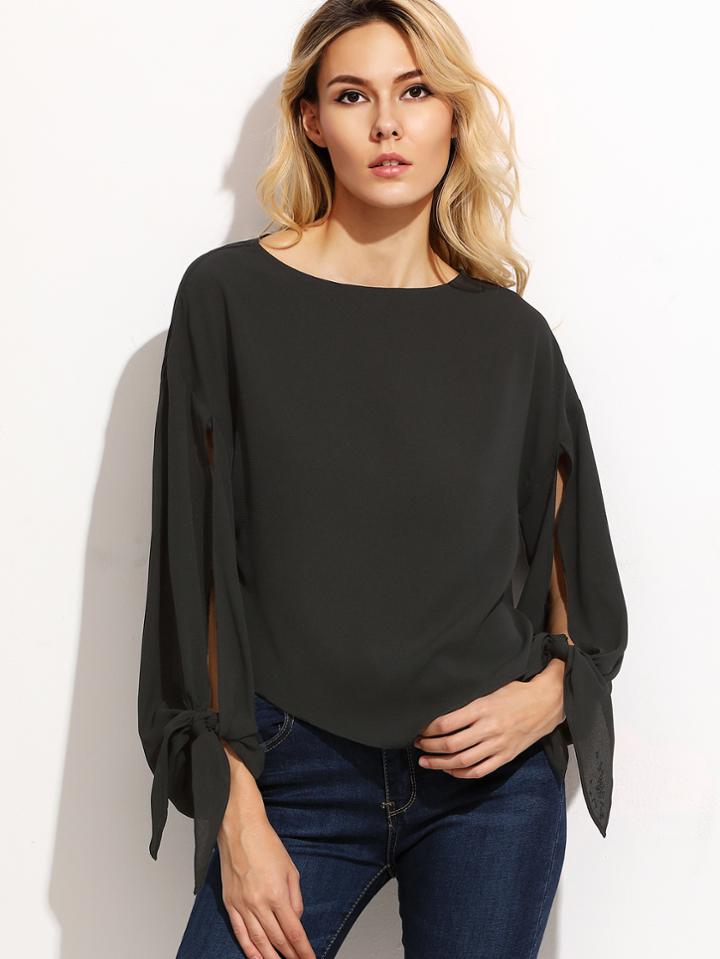 Shein Black Split Tie Sleeve Asymmetric Top