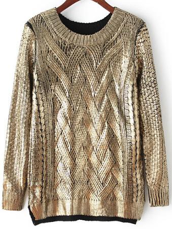 Shein Gold Round Neck Cable Knit Loose Sweater
