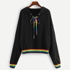Shein Lace Up Rainbow Trim Hooded Sweatshirt