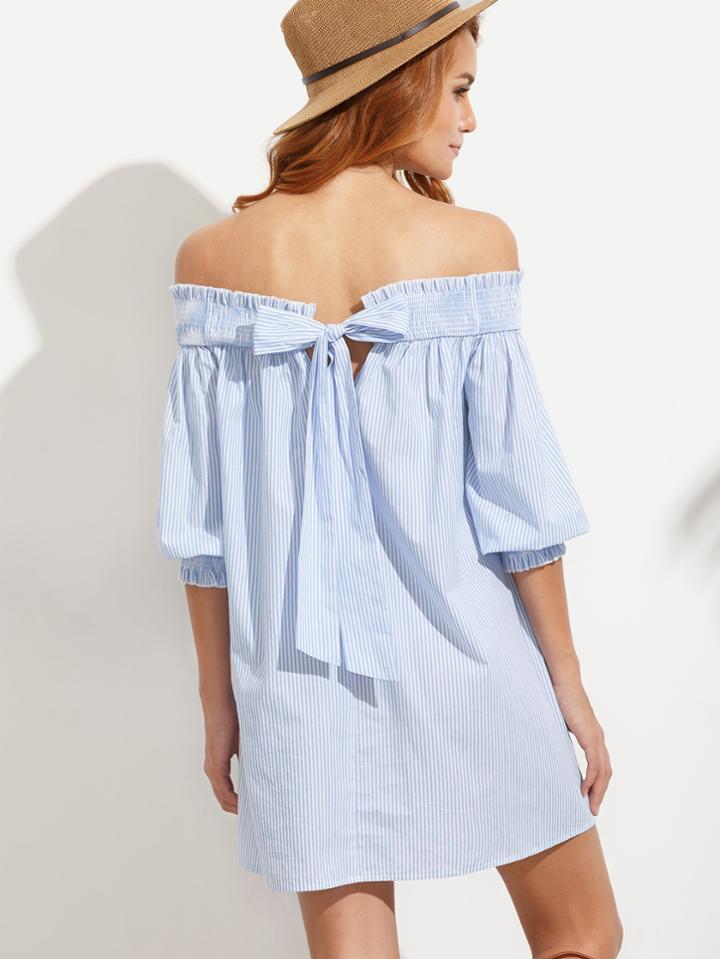 Shein Bardot Bishop Sleeves Cutout Self Tie Back Swimg Dress