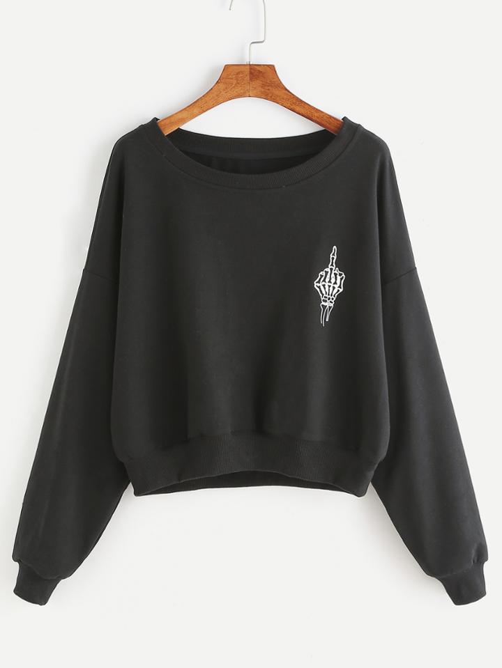 Shein Black Skull Hand Print Drop Shoulder Sweatshirt